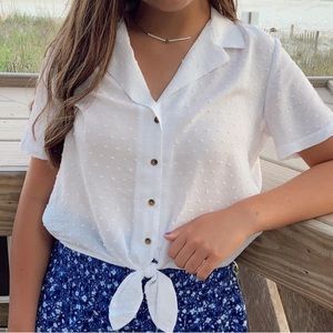 Candies White Button Up Top with Tie and Textured Dots